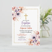 Invitation Baptême Croix Fleurs Christening Purple Gold (Debout devant)
