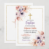 Invitation Baptême Croix Fleurs Christening Purple Gold (Devant / Derrière)