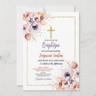 Invitation Baptême Croix Fleurs Christening Purple Gold