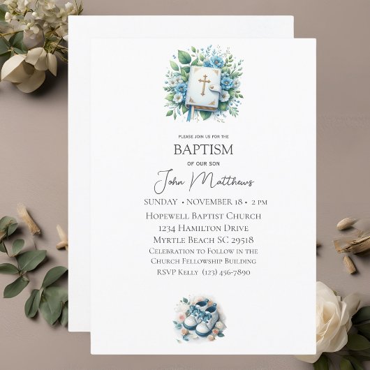 Invitation Baptême Croix florale blanche et garçons de la Bib