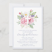 Invitation Baptême croix florale bleu clair et rose  (Devant)