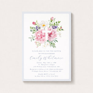 Invitation Baptême croix florale bleu clair et rose