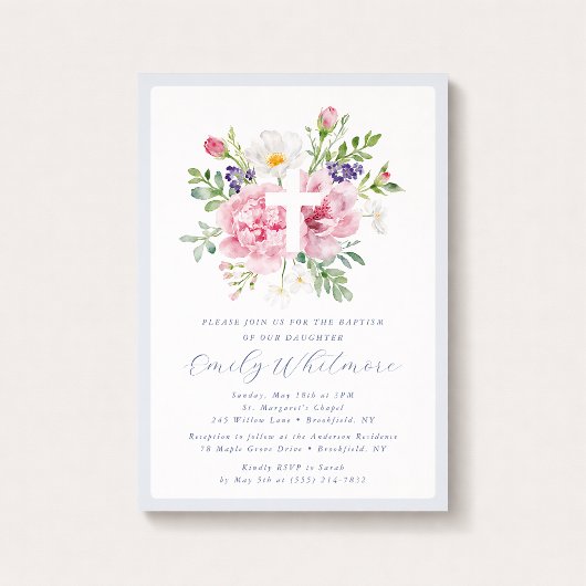 Invitation Baptême croix florale bleu clair et rose 