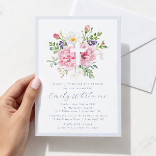 Invitation Baptême croix florale bleu clair et rose
