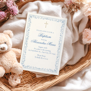 Invitation Baptême Croix Florale Bleue Or