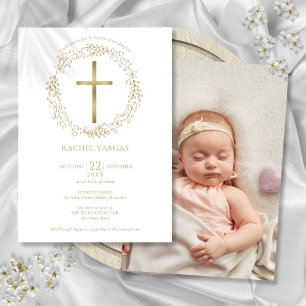 Invitation Baptême Croix Florale en Or Photo