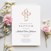 Invitation Baptême croix florale rose élégant