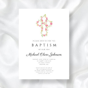 Invitation Baptême croix florale rose élégant