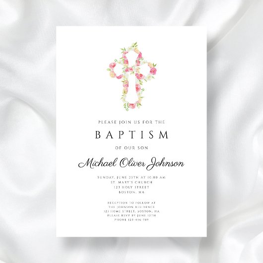 Invitation Baptême croix florale rose élégant