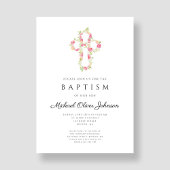 Invitation Baptême croix florale rose élégant