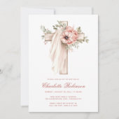 Invitation Baptême croix florale rose poudré (Devant)
