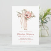 Invitation Baptême croix florale rose poudré (Debout devant)