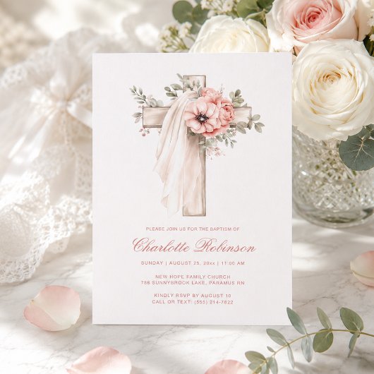 Invitation Baptême croix florale rose poudré