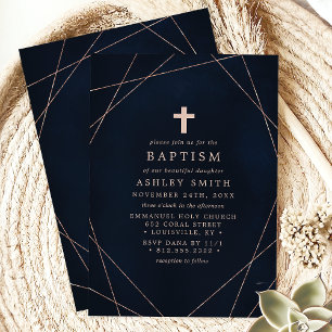 Invitation Baptême Croix Géométrique Navy et Or Rose Élégant