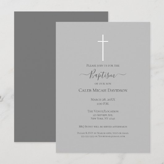 Invitation Baptême Croix Grise & Blanche Minimaliste (Devant / Derrière)
