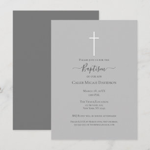 Invitation Baptême Croix Grise & Blanche Minimaliste   