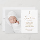 Invitation Baptême Croix Or Écriture Moderne (Devant)