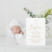 Invitation Baptême Croix Or Écriture Moderne (Debout devant)