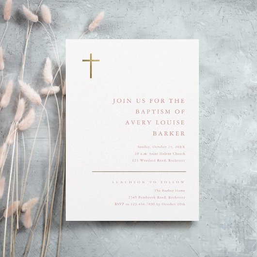 Invitation Baptême Croix Or Minimal Moderne