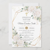 Invitation Baptême Croix Or Roses Florales Blanches (Devant)