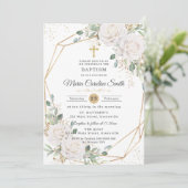 Invitation Baptême Croix Or Roses Florales Blanches (Debout devant)