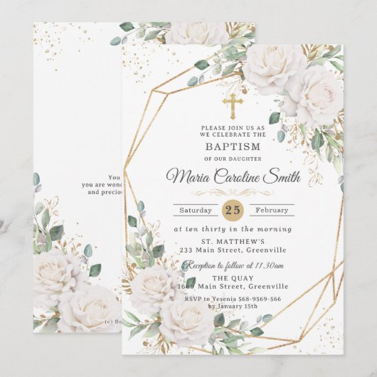 Invitation Baptême Croix Or Roses Florales Blanches (Devant / Derrière)