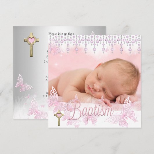 Invitation Baptême Croix Papillon Rose Argent (Devant / Derrière)
