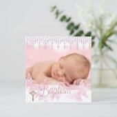 Invitation Baptême Croix Papillon Rose Argent (Debout devant)