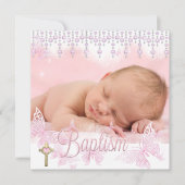 Invitation Baptême Croix Papillon Rose Argent (Devant)