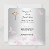 Invitation Baptême Croix Papillon Rose Argent (Dos)