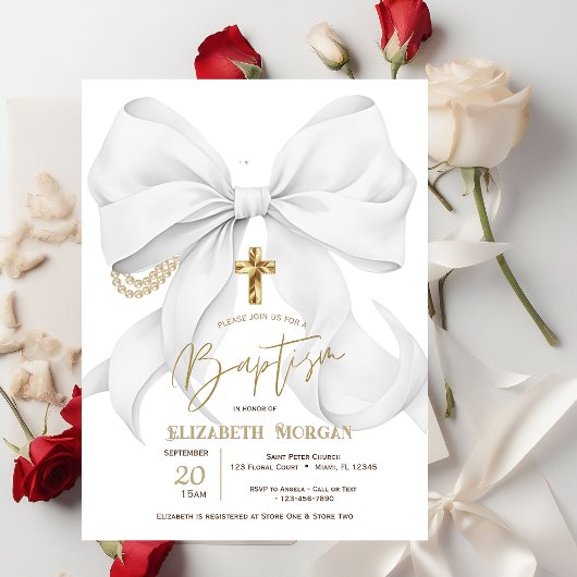 Invitation Baptême Croix Perles Points Arc Blanc Élégant
