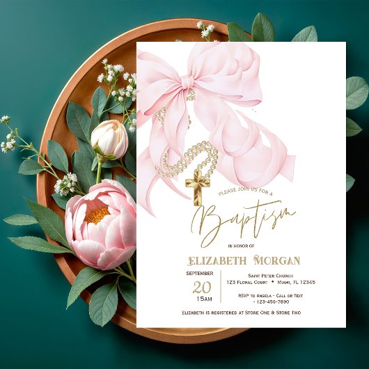 Invitation Baptême Croix Points Perles Arc Rose Aquarelle