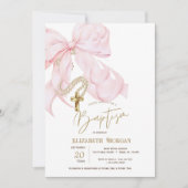 Invitation Baptême Croix Points Perles Arc Rose Aquarelle (Devant)