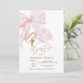 Invitation Baptême Croix Points Perles Arc Rose Aquarelle (Debout devant)