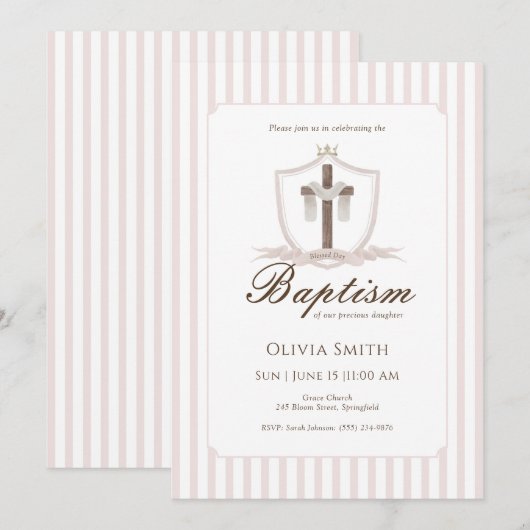 Invitation Baptême croix rose (Devant / Derrière)