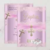 Invitation Baptême Croix rose Fille Dentelle Christening (Devant / Derrière)