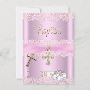 Invitation Baptême Croix rose Fille Dentelle Christening