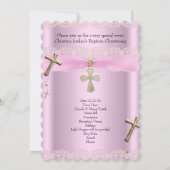 Invitation Baptême Croix rose Fille Dentelle Christening (Dos)