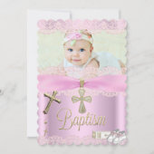 Invitation Baptême Croix rose Fille Dentelle Christening (Devant)