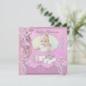 Invitation Baptême Croix rose Fille Photo baptême 2 (Debout devant)