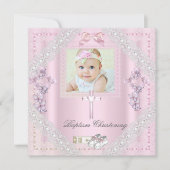 Invitation Baptême Croix rose Fille Photo baptême dentelle 2 (Devant)