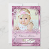 Invitation Baptême Croix rose Fille Photo baptême Floral (Devant)