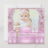Invitation Baptême Croix rose Fille Photo Christening Chaussu (Devant)