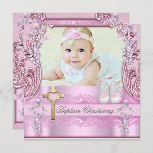 Invitation Baptême Croix rose Fille Photo Christening Chaussu