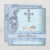 Invitation Baptême Croix Turquoise Bleue Garçon Damas baptême (Devant / Derrière)