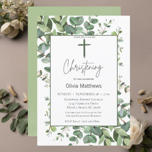 Invitation Baptême Croix Verte Verdure Genre Neutre