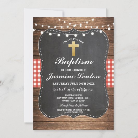 Invitation Baptême Cross Christening Red Check En vichy Chalk (Devant)