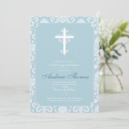 Invitation Baptême - damassé bleue (Debout devant)