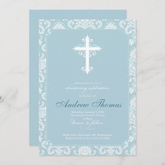 Invitation Baptême - damassé bleue (Devant / Derrière)