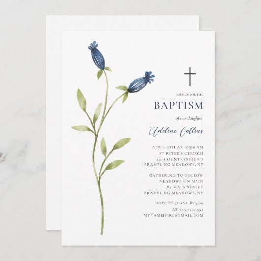 Invitation Baptême d'aquarelle bleue délicate (Devant / Derrière)